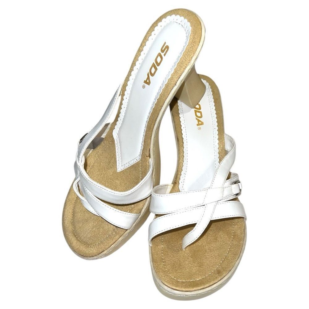 Soda brand cute white strapped slip on sandals with 3.5” heels new